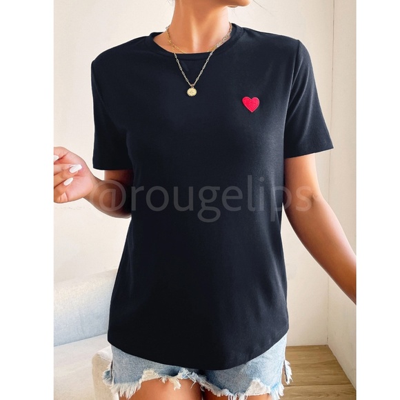 Navy Blue Crew Neck Tee Shirt Embroidered Red Heart - Picture 4 of 8
